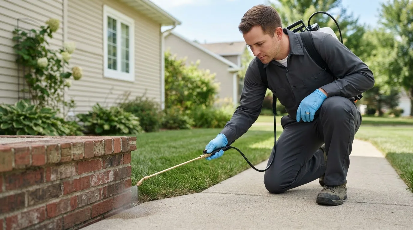 Pest control technician treating a home near Sharon, PA